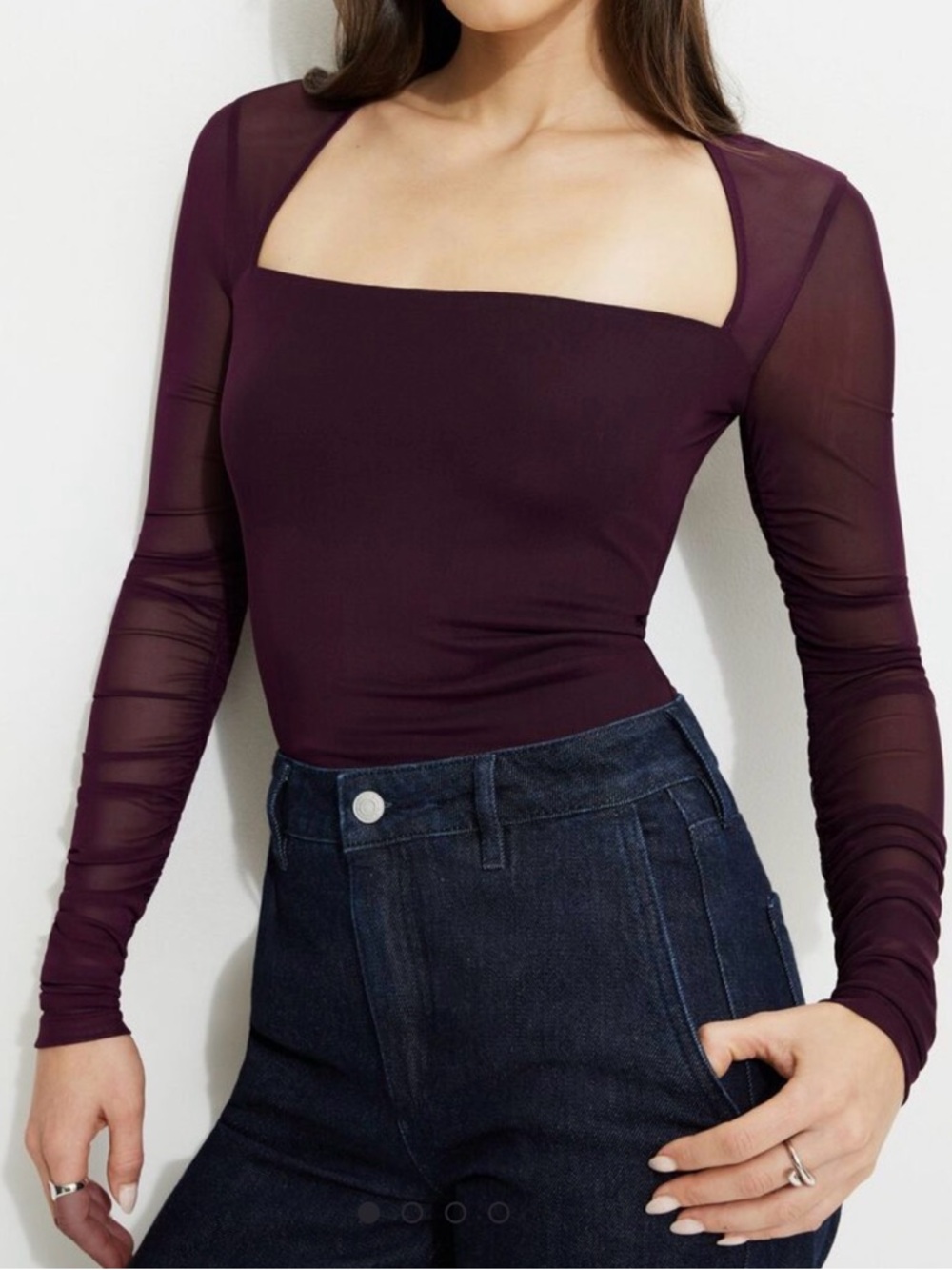 Dynamite Square Neck Long Sleeve Sheer Top in Plum